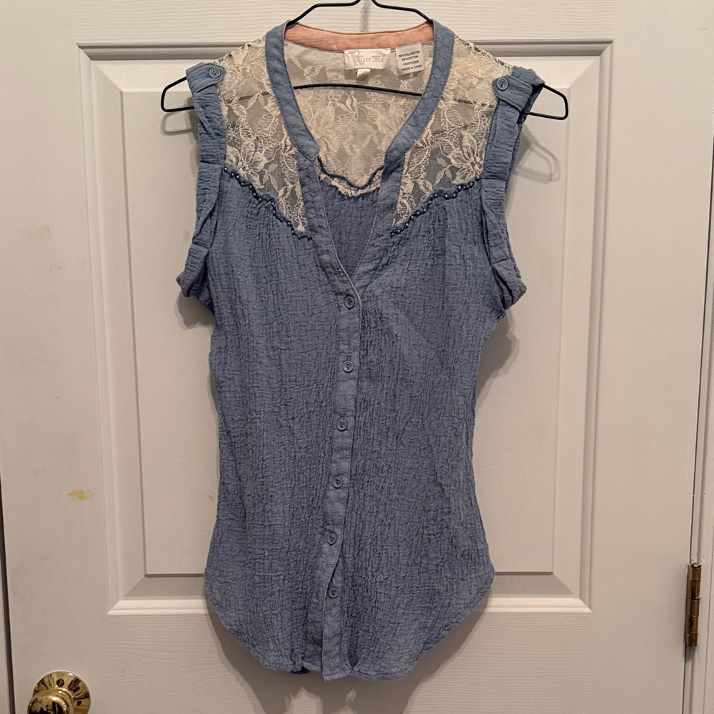 Miss Me Blue Button-Up Blouse with Lace Detail